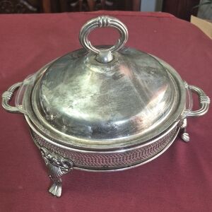 Elegant Silver Plate Covered Casserole Serving Dish With Fire King Liner